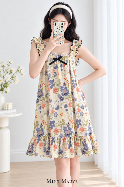 Sunday Reverie Padded Nightdress in Ivory Blue, with ruffled straps, front bow and knee-length flounce hem