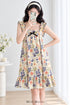 Sunday Reverie Padded Nightdress in Ivory Blue, with ruffled straps, front bow and knee-length flounce hem