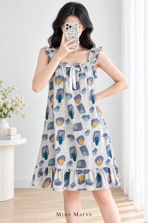Sunday Reverie Padded Nightdress in Stone Grey, with ruffled straps, front bow and knee-length flounce hem