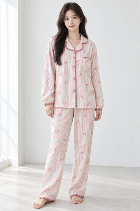 Moonlit Crochet-Trim Pyjama Set – Blush Pink Bow; full-length portrait showing crochet-trim long-sleeve top and matching trousers