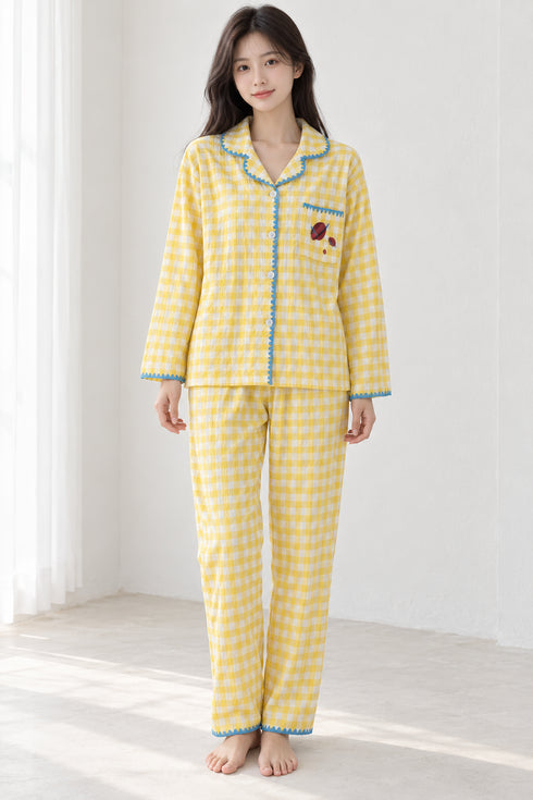 Moonlit Crochet-Trim Pyjama Set – Butter Yellow Gingham; full-length portrait showing crochet-trim long-sleeve top and matching trousers