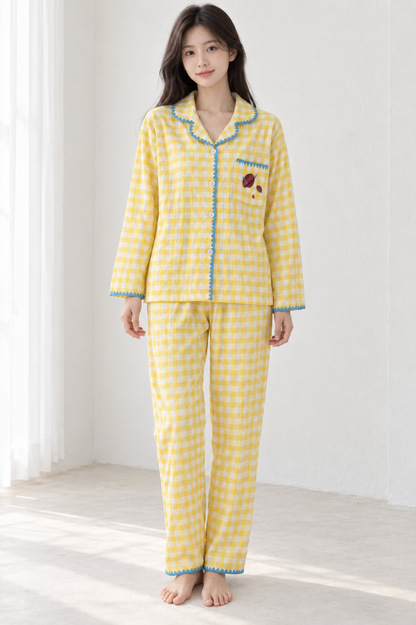Moonlit Crochet-Trim Pyjama Set – Butter Yellow Gingham; full-length portrait showing crochet-trim long-sleeve top and matching trousers