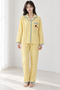 Moonlit Crochet-Trim Pyjama Set – Butter Yellow Gingham; full-length portrait showing crochet-trim long-sleeve top and matching trousers