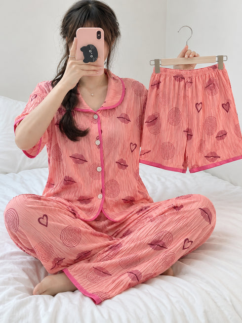 MNM25 โ Coral Pink Swirl โ three-piece nightwear set