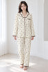 Moonlit Crochet-Trim Pyjama Set – Ivory Cocoa Bear; full-length portrait showing crochet-trim long-sleeve top and matching trousers