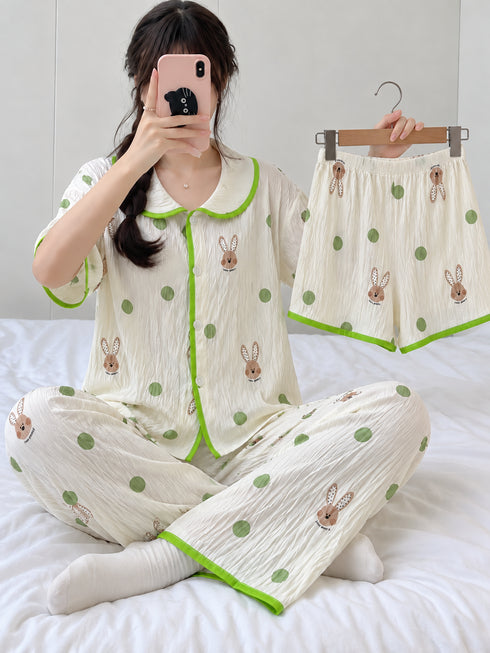 MNM25 โ Ivory Lime Bunny โ three-piece nightwear set