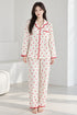 Moonlit Crochet-Trim Pyjama Set – Ivory Red Heart; full-length portrait showing crochet-trim long-sleeve top and matching trousers
