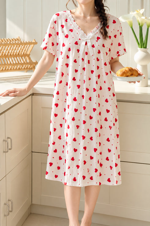 The Bow Edit Nightdress – Ivory Red Hearts; lace V-neck, white bow, short sleeves, hem just above mid-calf