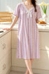 The Bow Edit Nightdress – Lavender Rose Stripe; lace V-neck, white bow, short sleeves, hem just above mid-calf