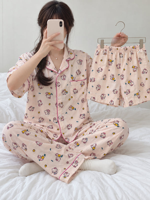 Sunday Club Three-Piece Lounge Set – Blush Pink Kitty; short-sleeve button-front top, matching trousers and shorts