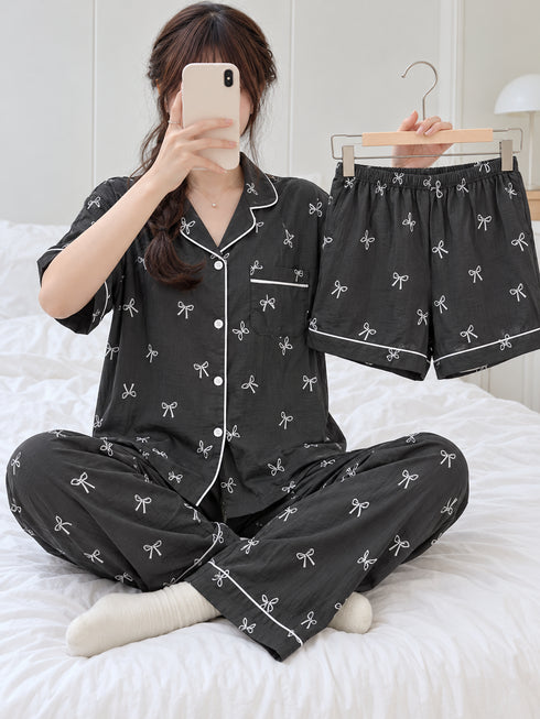 Sunday Club Three-Piece Lounge Set – Charcoal Bow; short-sleeve button-front top, matching trousers and shorts