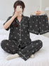 Sunday Club Three-Piece Lounge Set – Charcoal Bow; short-sleeve button-front top, matching trousers and shorts