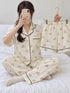 Sunday Club Three-Piece Lounge Set – Ivory Kitty; short-sleeve button-front top, matching trousers and shorts