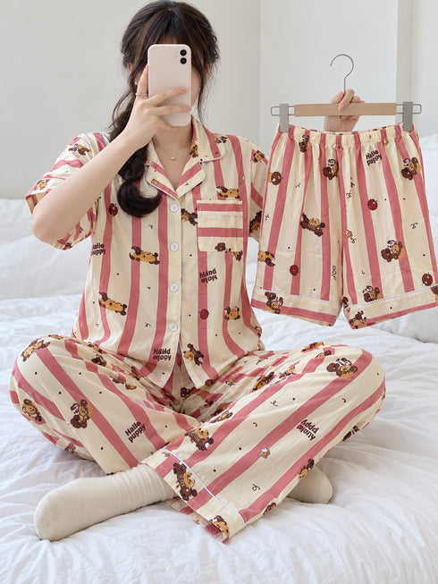 Sunday Club Three-Piece Lounge Set – Rose Pink Stripe; short-sleeve button-front top, matching trousers and shorts