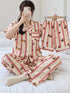 Sunday Club Three-Piece Lounge Set – Rose Pink Stripe; short-sleeve button-front top, matching trousers and shorts