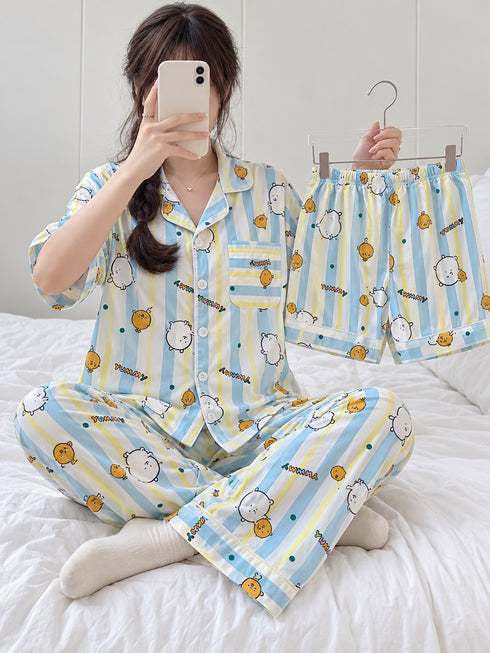 Sunday Club Three-Piece Lounge Set – Sky Blue Stripe; short-sleeve button-front top, matching trousers and shorts