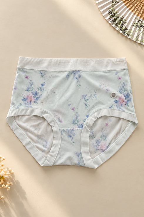 Soft Silhouette Hipster Briefs in Ice Blue — portrait flat lay with botanical fan