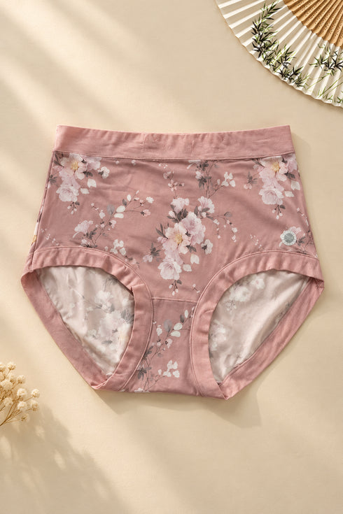 Soft Silhouette Hipster Briefs in Vintage Rose — portrait flat lay with botanical fan