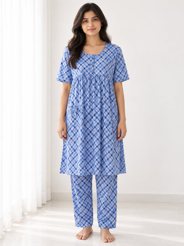 MNM19 Blue Checks knee-length pyjama set, model-worn full-length portrait in a minimal white room