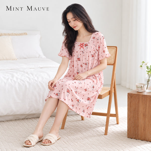 Square Neck Short Sleeve Nightdress – Blush Pink Bunny – Mint Mauve MNM48