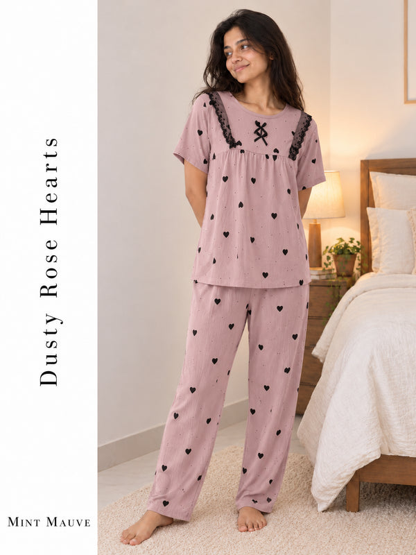 Midnight Ribbon & Lace Lounger Set — Dusty Rose Hearts