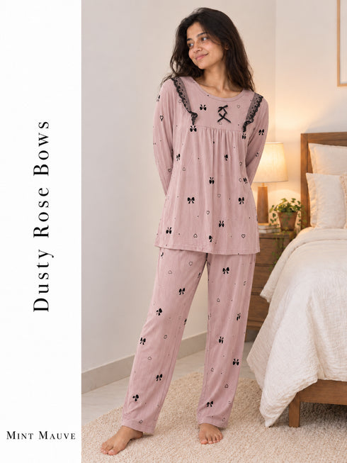 Midnight Ribbon & Lace Lounger Set — Dusty Rose Bows