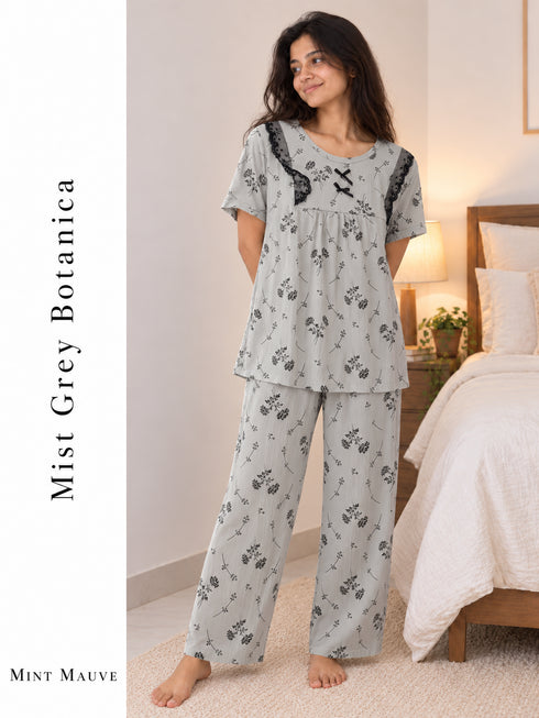 Midnight Ribbon & Lace Lounger Set — Mist Grey Botanica