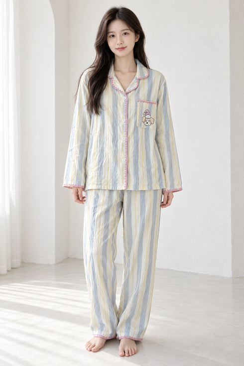 Moonlit Crochet-Trim Pyjama Set – Powder Blue Stripe; full-length portrait showing crochet-trim long-sleeve top and matching trousers