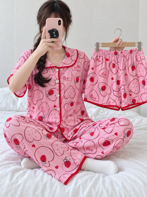 MNM25 โ Rose Pink Strawberry โ three-piece nightwear set
