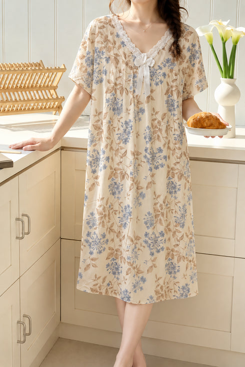The Bow Edit Nightdress – Vanilla Blue Floral; lace V-neck, white bow, short sleeves, hem just above mid-calf