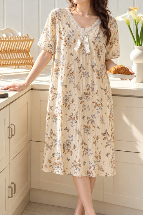 The Bow Edit Nightdress – Vanilla Botanical; lace V-neck, white bow, short sleeves, hem just above mid-calf