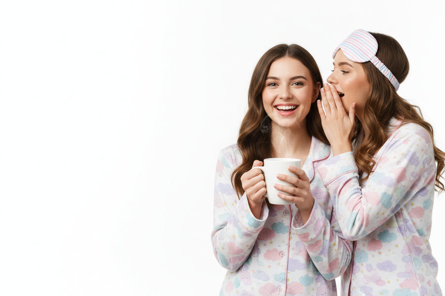 Create a bright, high-key studio photo of two young women standing on the right side of the frame, wearing cute patterned pajamas. One woman is smiling widely while holding a coffee mug; the other woman is whispering in her ear with her hand covering her mouth, wearing a playful sleep mask on her head. The background should be fully white, clean, and minimalistic, with a large empty space on the left side for text. Use soft lighting, natural expressions, pastel tones, sharp details, and a friendly, fun, sle