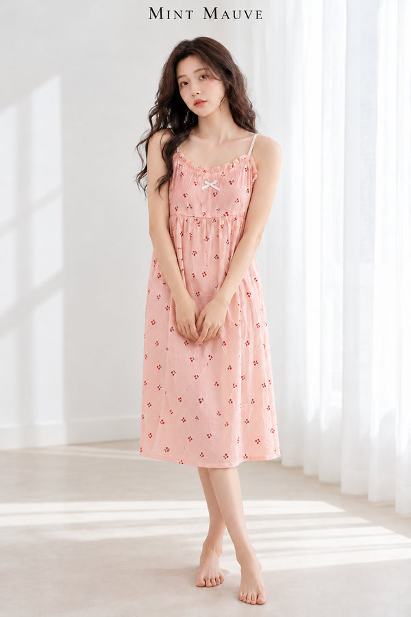Cotton Padded Sling Night Dress – Blush Pink Cherry