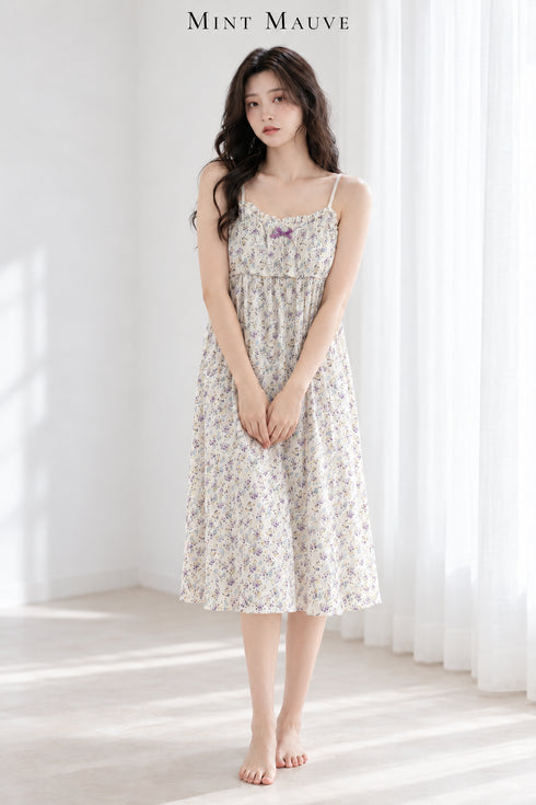 Cotton Padded Sling Night Dress – Ivory Lilac Ditsy