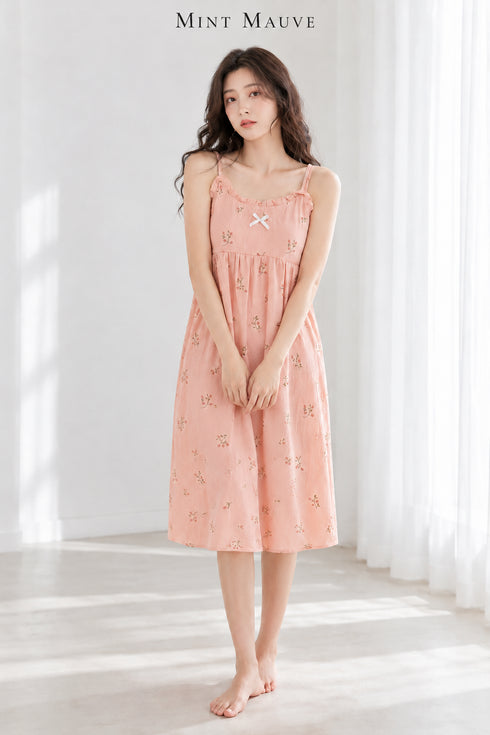 Cotton Padded Sling Night Dress – Peach Pink Sprig