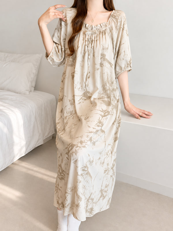 Petal Soft Cotton Nightgown – Model 2, ivory and taupe abstract print, minimal white room portrait