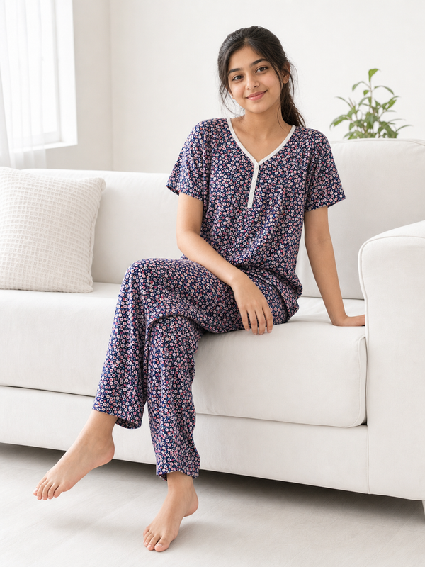 Floral Printed Henley Pyjama Set